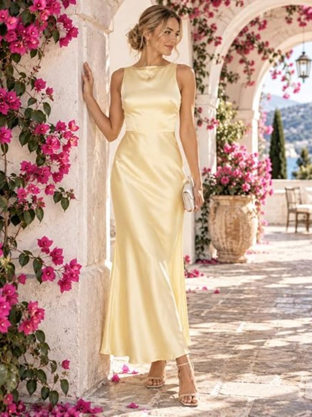 NEW! Women's Butter Yellow Summer Backless Satin Maxi Dresses Size S Cocktail